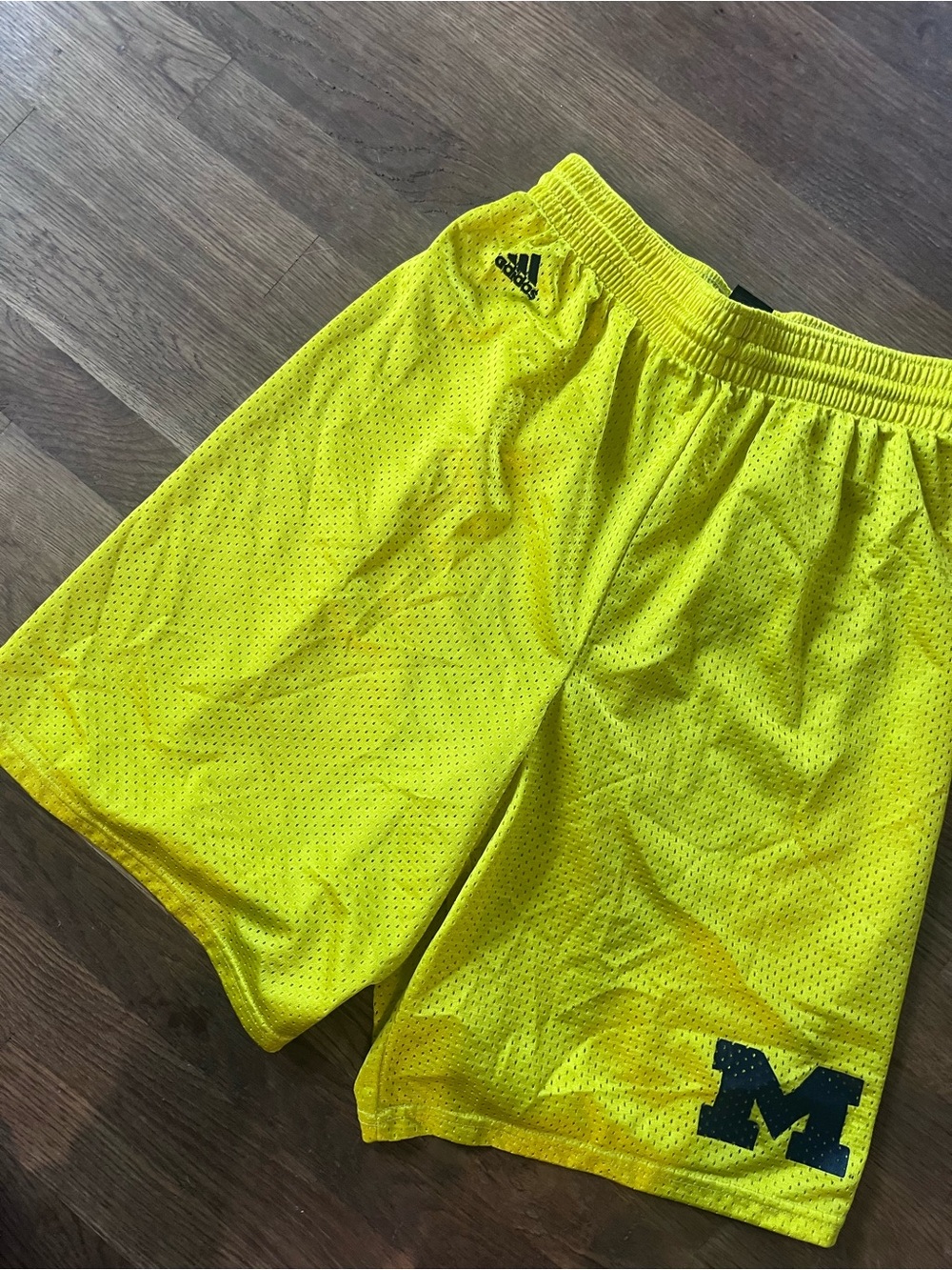 adidas Men’s Bright Yellow Athletic Mesh Shorts with Navy university of michigan